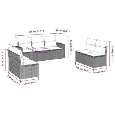 vidaXL Градински комплект диван с възглавници 7 части черен полиратан