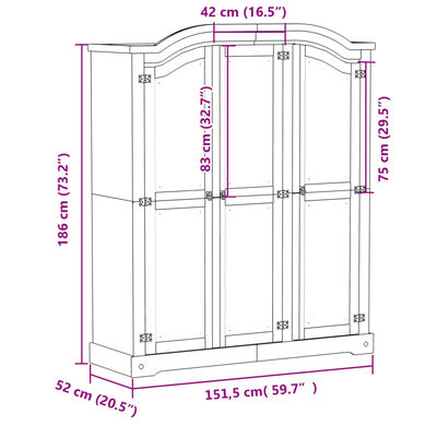 vidaXL Гардероб "Corona" бял 151,5x52x186 см бор масив