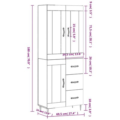 vidaXL Висок шкаф, кафяв дъб, 69,5x34x180 см, инженерно дърво