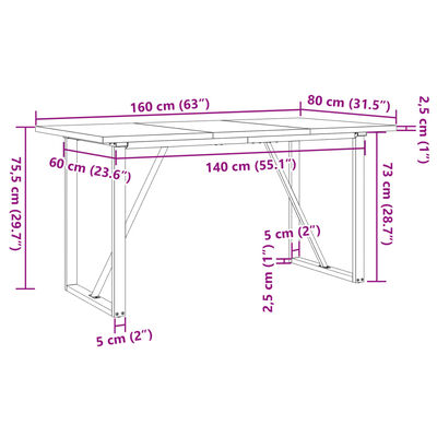 vidaXL Трапезна маса О-образна рамка 160x80x75,5 см бор масив и чугун