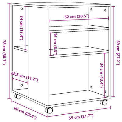 vidaXL Странична маса с колела кафяв дъб 55x60x78 см инженерно дърво