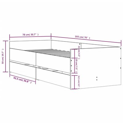 vidaXL Рамка за легло с чекмеджета опушен дъб 75x190 см Small Single