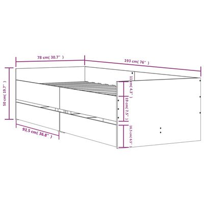 vidaXL Рамка за легло с чекмеджета бетонно сиво 75x190 см Small Single