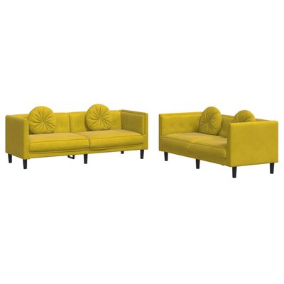 vidaXL Комплект дивани от 2 части с възглавници, жълт, кадифе