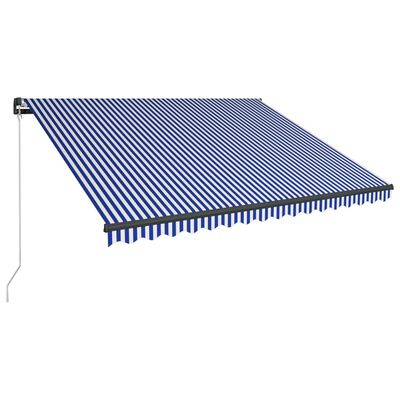 vidaXL Ръчно прибиращ се сенник с LED, 450x300 см, синьо и бяло