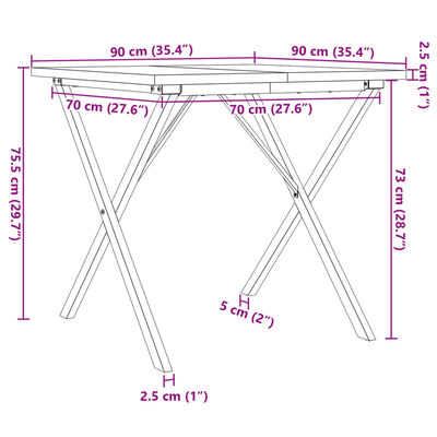 vidaXL Трапезна маса X-образна рамка 90x90x75,5 см бор масив и чугун