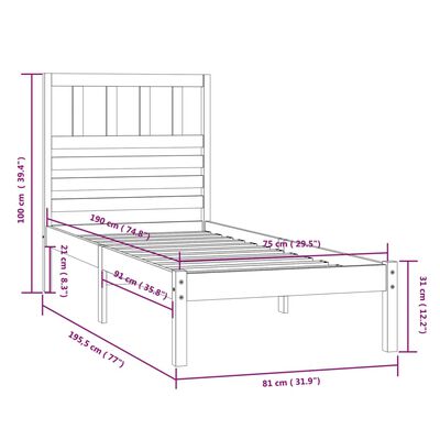 vidaXL Рамка за легло кафява бор масив 75x190 см 2FT6 Small Single