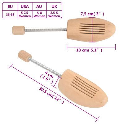 vidaXL Калъпи за обувки, 2 чифта, EU 35-38, дърво масив лотос