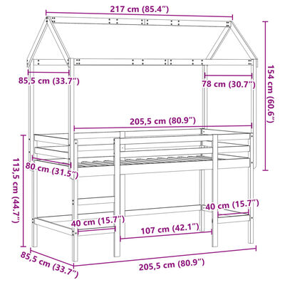 vidaXL Таванско легло със стълба и покрив, бяло, 80x200 см, бор масив