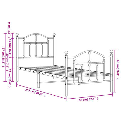 vidaXL Метална рамка за легло с горна и долна табла, черна, 90x200 см