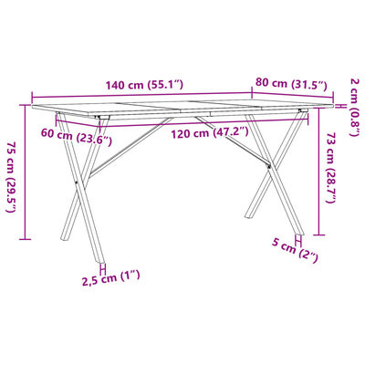 vidaXL Трапезна маса X-образна рамка 140x80x75 см бор масив и чугун