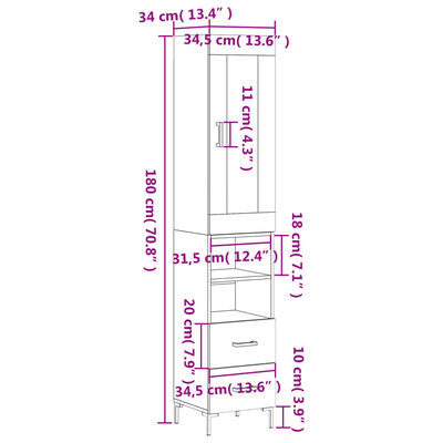 vidaXL Висок шкаф, бетонно сив, 34,5x34x180 см, инженерно дърво