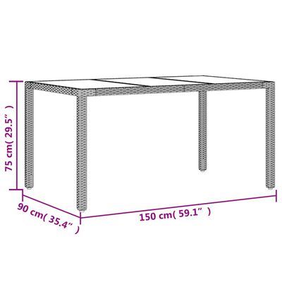 vidaXL Градинска маса със стъклен плот сива 150x90x75 см полиратан