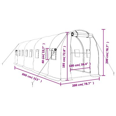 vidaXL Оранжерия със стоманена рамка бяла 16 м² 8x2x2 м