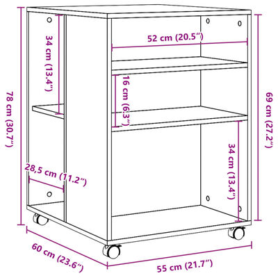 vidaXL Странична маса с колела бетонно сив 55x60x78 см инженерно дърво