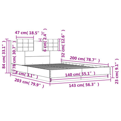 vidaXL Рамка за легло с табла и LED осветление, кафяв дъб, 140x200 см