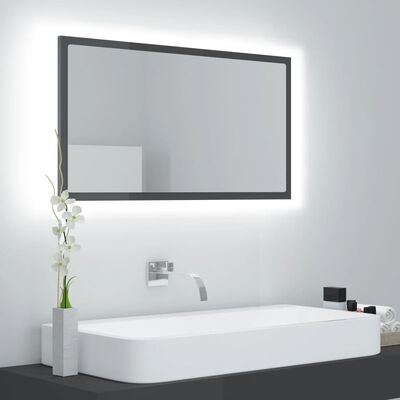 vidaXL LED огледало за баня, сив гланц, 80x8,5x37 см, акрил