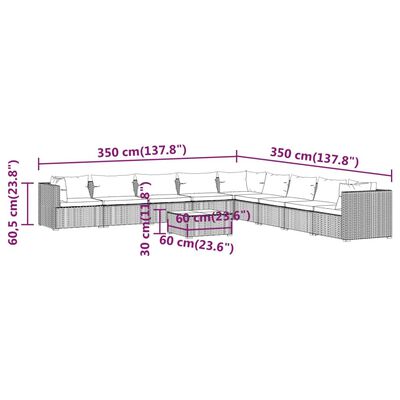 vidaXL Градински комплект с възглавници 10 части полиратан черен