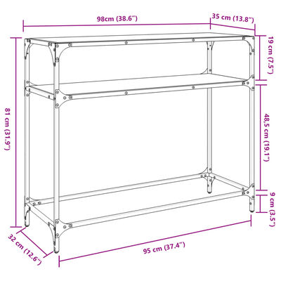 vidaXL Конзолна маса с прозрачен стъклен плот 98x35x81 см стомана