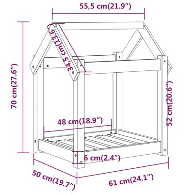 vidaXL Кучешко легло, Сиво, 61x50x70 см, борова дървесина масив