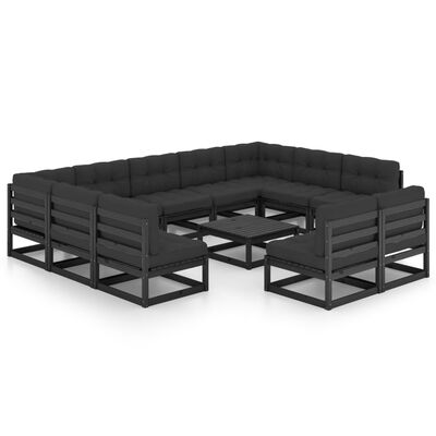 vidaXL Градински комплект от 12 части, с възглавници, черен, бор масив