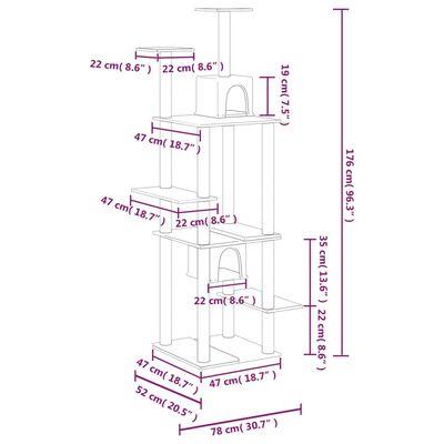 vidaXL Котешко дърво със сизалени стълбове, светлосиво, 176 см