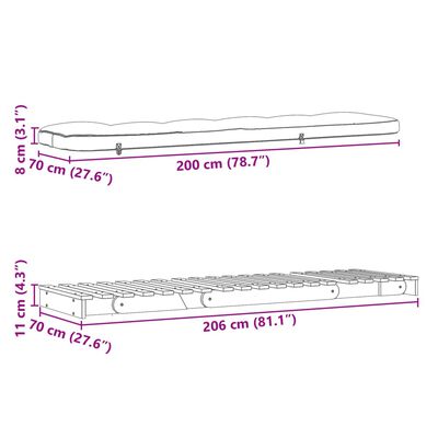 vidaXL Футон кресло с матрак, бял, 70x206x11 см, борово дърво масив