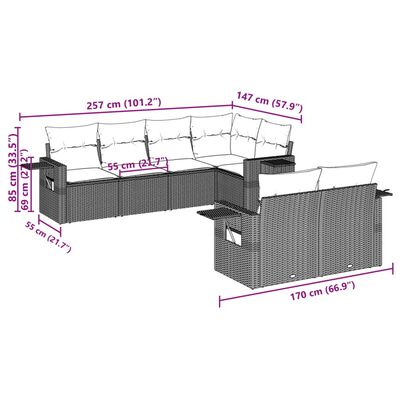 vidaXL Градински комплект с възглавници, 7 части, кафяв, полиратан