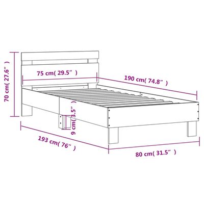 vidaXL Рамка за легло с табла и LED осветление, кафяв дъб, 75x190 см