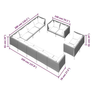 vidaXL Градински комплект с възглавници, 12 части, полиратан, тъмносив