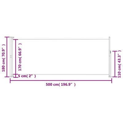 vidaXL Прибираща се дворна странична тента, 180x500 см, сива