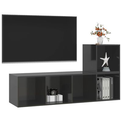 vidaXL Комплект ТВ шкафове от 2 части, сив гланц, инженерно дърво