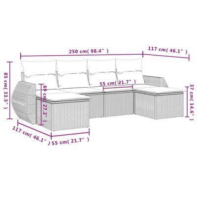 vidaXL Градински комплект с възглавници, 6 части, светлосив полиратан