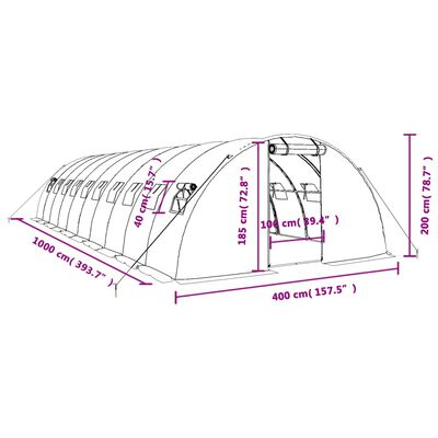 vidaXL Оранжерия със стоманена рамка бяла 40 м² 10x4x2 м