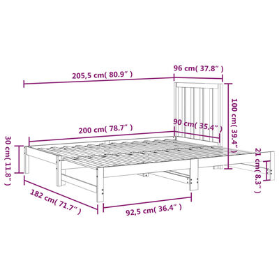 vidaXL Разтегателно дневно легло, 2x(90x200) см, борово дърво масив