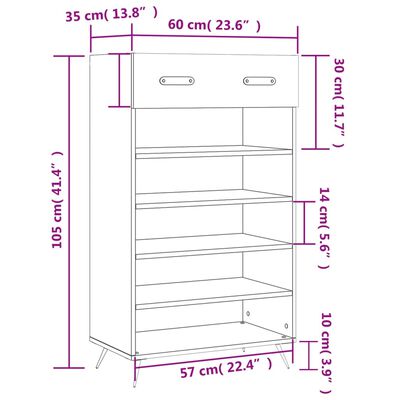 vidaXL Шкаф за обувки, сонома дъб, 60x35x105 см, инженерно дърво