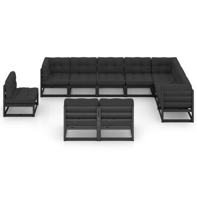vidaXL Градински комплект от 10 части, с възглавници, черен, бор масив