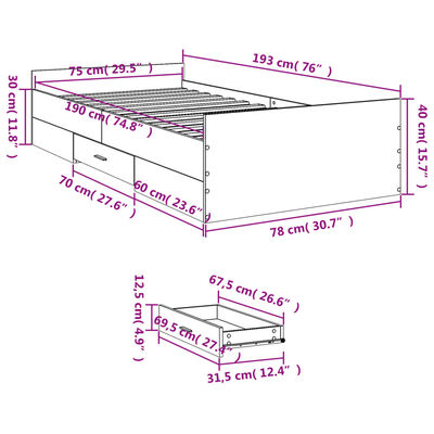 vidaXL Рамка за легло с чекмеджета сив сонома 75x190см инженерно дърво