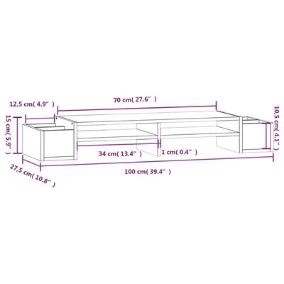 vidaXL Поставка за монитор, сива, 100x27,5x15 см, бор масив