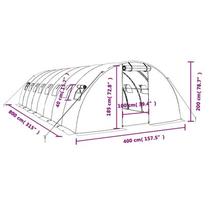 vidaXL Оранжерия със стоманена рамка бяла 32 м² 8x4x2 м