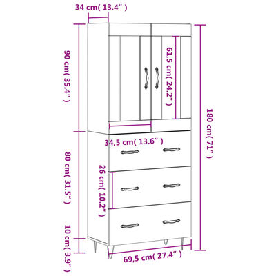 vidaXL Висок шкаф, опушен дъб, 69,5x34x180 см, инженерно дърво