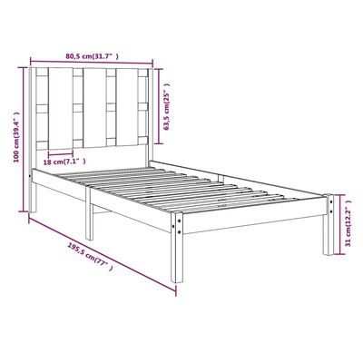 vidaXL Рамка за легло бяла масивно дърво 75x190 см Small Single