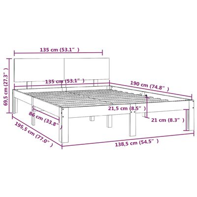 vidaXL Рамка за легло, бяла, дърво масив, 135x190 cм, 4FT6 Double