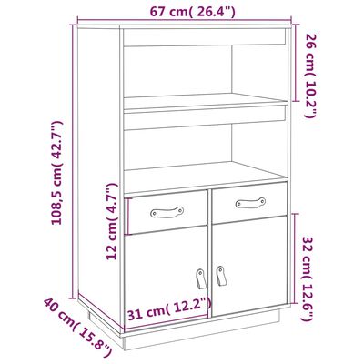 vidaXL Висок шкаф, сив, 67x40x108,5 см, борово дърво масив