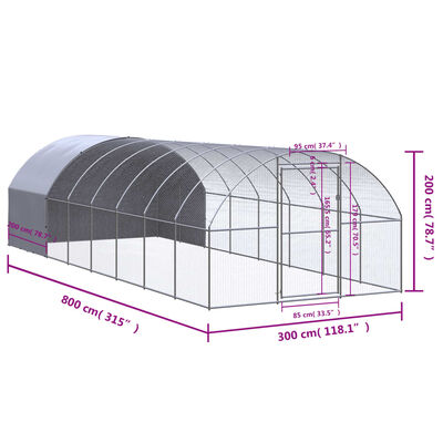 vidaXL Птичарник на открито, 3x8x2 м, поцинкована стомана