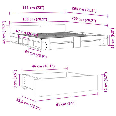 vidaXL Рамка за легло с чекмедже дъб сонома 180x200 см инженерно дърво