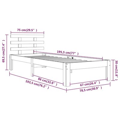 vidaXL Рамка за легло бяла масивно дърво 75x190 см 2FT6 Small Single