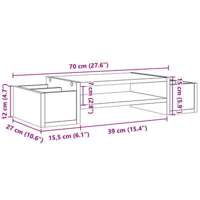 vidaXL Поставка за монитор за съхранение, кафяв дъб, 70x27x15 см