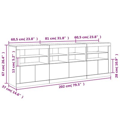 vidaXL Сайдборд с LED светлини, бял, 202x37x67 см