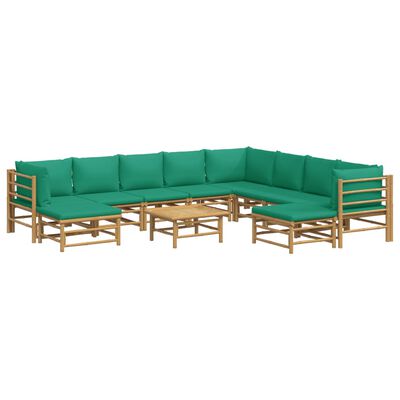 vidaXL Градински лаундж комплект, 11 части, зелени възглавници, бамбук